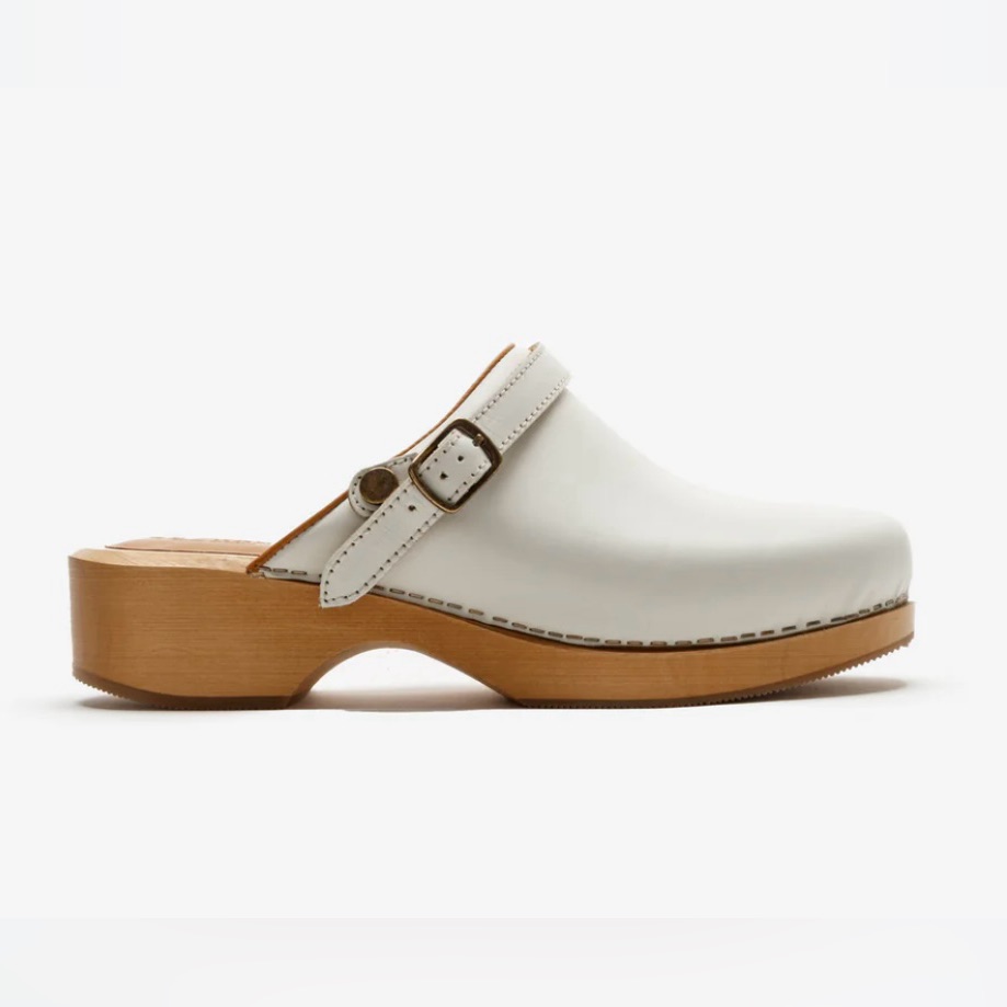 Re/Done White Leather Clog Mules With Tan Wood Platform